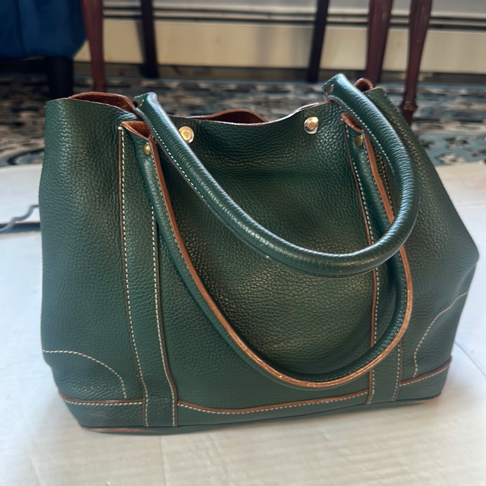J. Crew Dark Green Leather Tote with Brown Trim